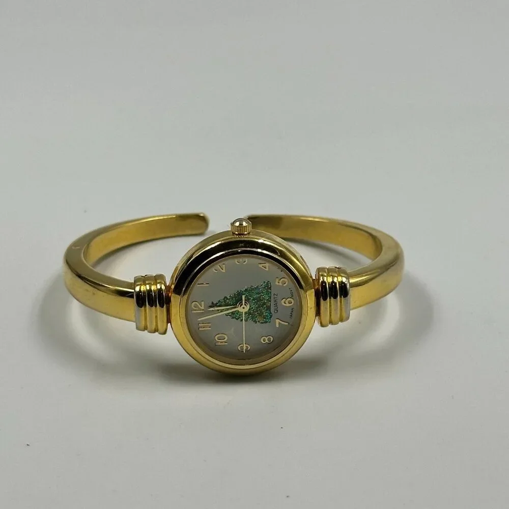 Christmas Tree Watch Women Gold Tone White Dial Hinged Cuff Band New Battery